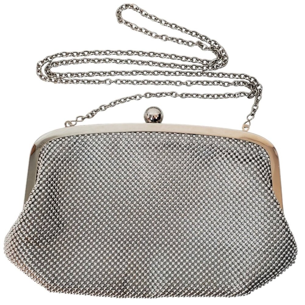 La Regale Silver Beaded Mesh Crossbody Bag with Metal Chain and Ball Clasp